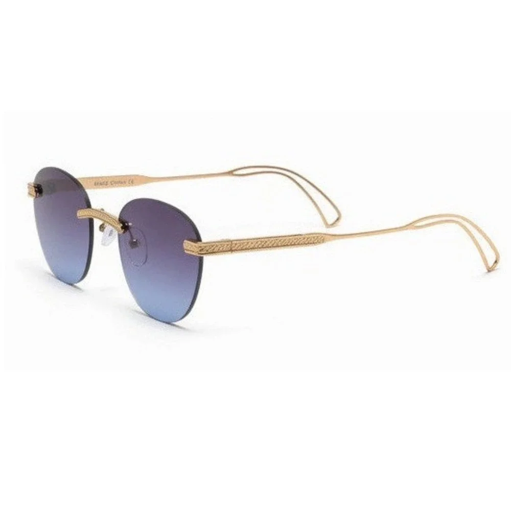 Mens Rimless Gold Textured Sunglasses Navy Blue Gradient Lens Luxury Style Retro